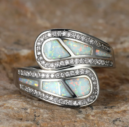 Vintage Bohemian White Opal Stone Silver Plated Ring