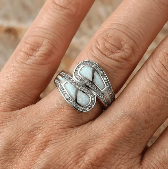 Vintage Bohemian White Opal Stone Silver Plated Ring