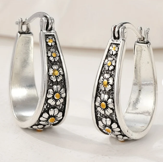 Vintage Hand-Cut Daisy Hoop Earrings