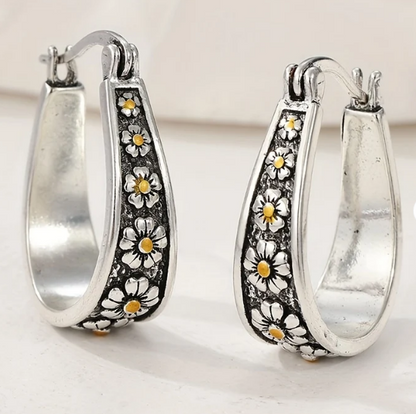 Vintage Hand-Cut Daisy Hoop Earrings