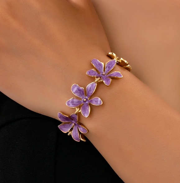 Vintage Style Purple Enamel Flowers Gold Plated Bracelet