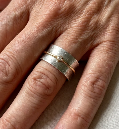 Vintage Silver Open Band Ring with Gold Sphere