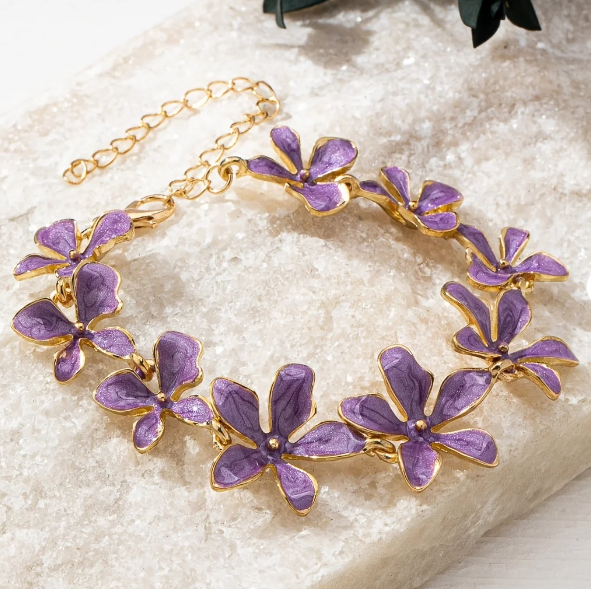 Vintage Style Purple Enamel Flowers Gold Plated Bracelet
