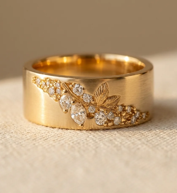 Vintage Wide Gold Plated Shiny Zirconia Leaf Ring