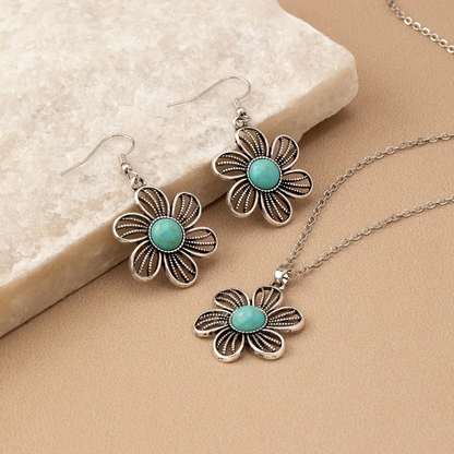 Vintage Boho Turquoise Flower Earrings Necklace Jewelry Set