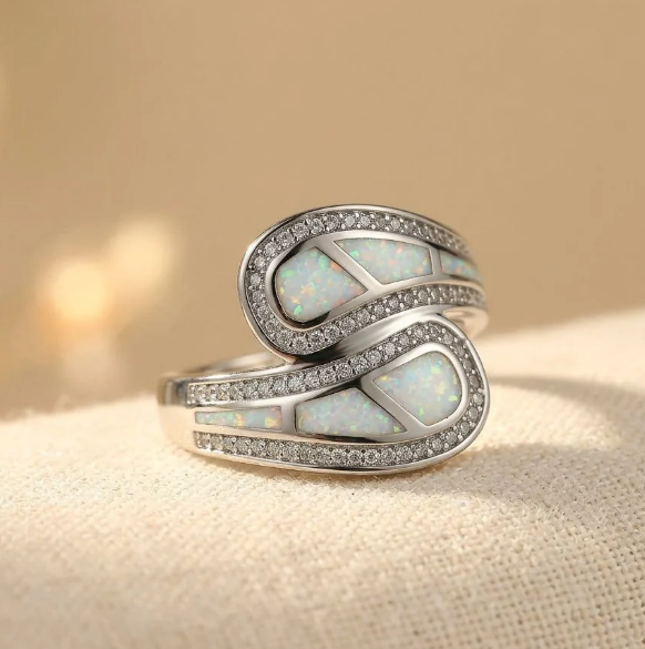 Vintage Bohemian White Opal Stone Silver Plated Ring
