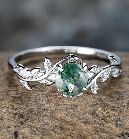 Vintage Silver Round Water Grass Moss Agate Leaf Ring
