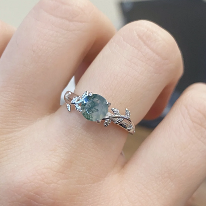 Vintage Silver Round Water Grass Moss Agate Leaf Ring