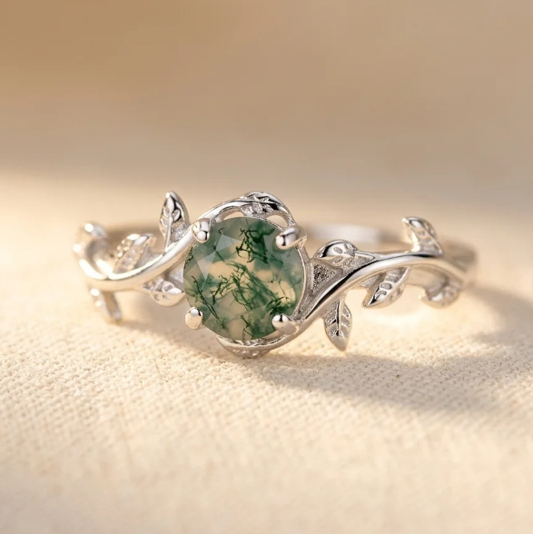 Vintage Silver Round Water Grass Moss Agate Leaf Ring