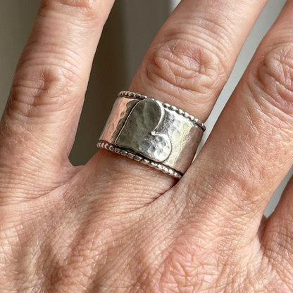 Vintage Handcrafted Silver Plated Wide Band Heart Spinner Ring