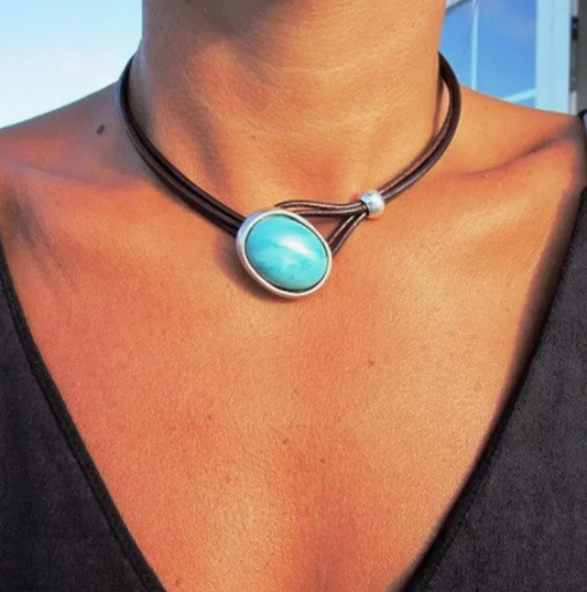 Vintage Leather Cord Turquoise Necklace