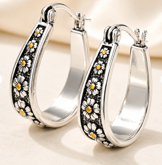 Vintage Hand-Cut Daisy Hoop Earrings