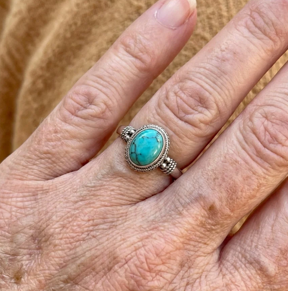 Vintage Bohemian Turquoise Round Silver Ring