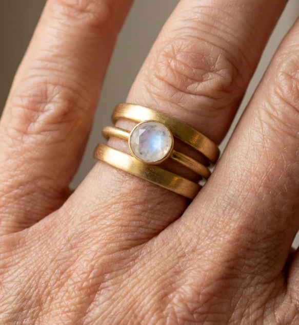 Vintage Moonstone Gold Triple Band Artisan Ring