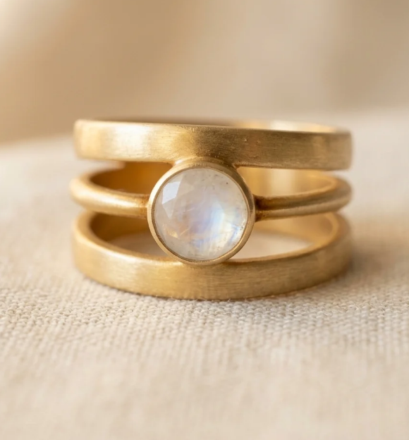 Vintage Moonstone Gold Triple Band Artisan Ring