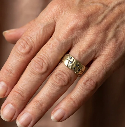 Vintage Golden Forged Ring with Blue Crystal Accents