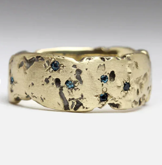 Vintage Golden Forged Ring with Blue Crystal Accents