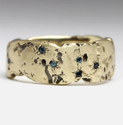 Vintage Golden Forged Ring with Blue Crystal Accents