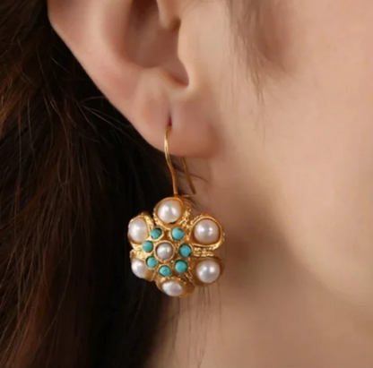 Vintage Pearl & Turquoise Cluster Earrings