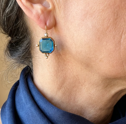 Vintage Blue Glass Accents Fleur De Lis Dangle Earrings