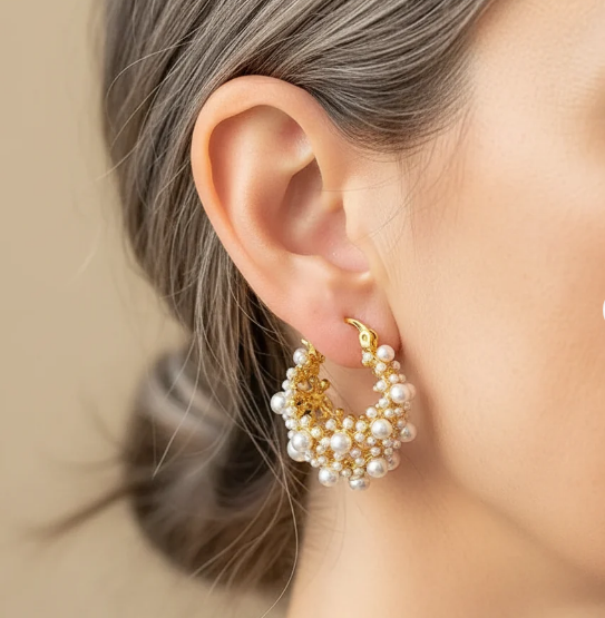 Vintage Pearl Cluster Hoop Earrings
