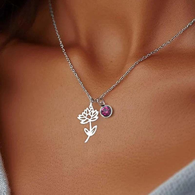 Birthstone Birth Flower Necklace Personalized