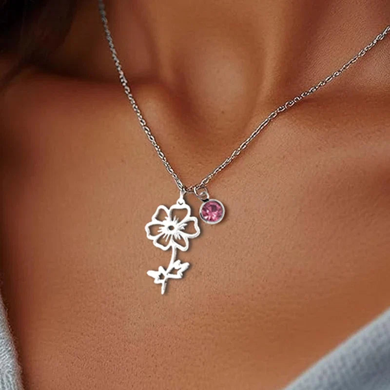 Birthstone Birth Flower Necklace Personalized