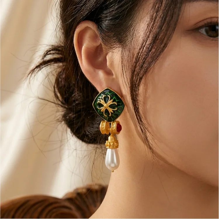 Vintage Emerald Enamel Pearl Drop Earrings