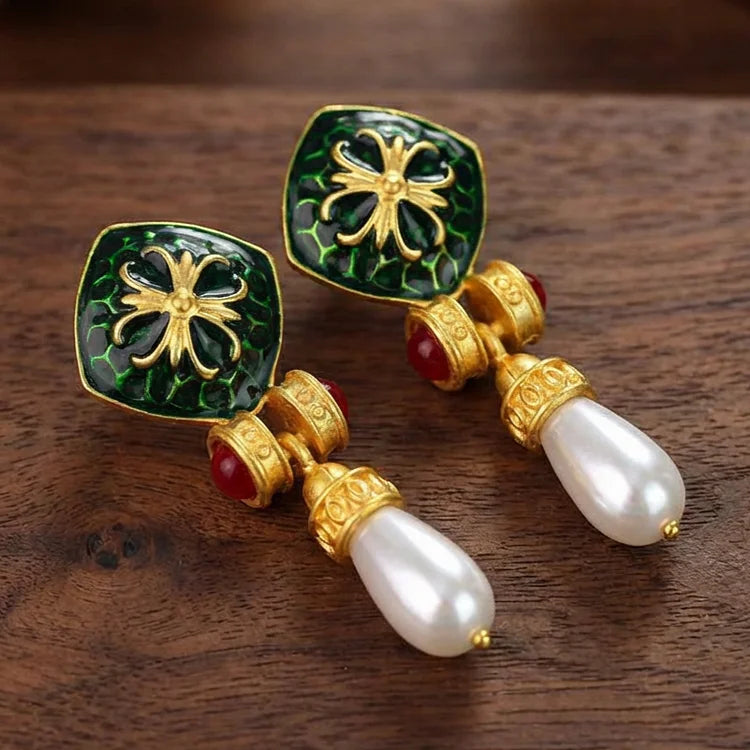 Vintage Emerald Enamel Pearl Drop Earrings