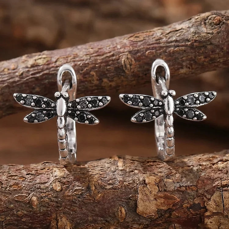 Vintage Round Inlaid Zirconia Dragonfly Earrings