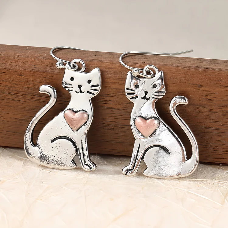 Vintage Cute Cat with Heart Earrings