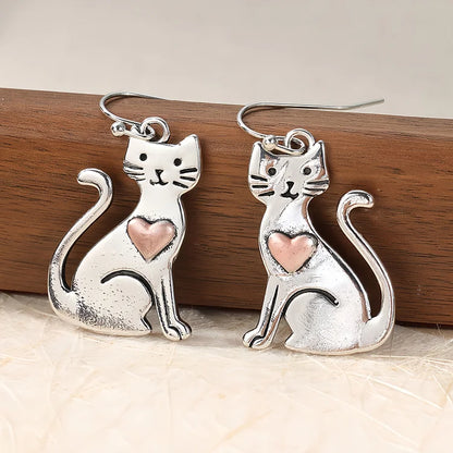 Vintage Cute Cat with Heart Earrings