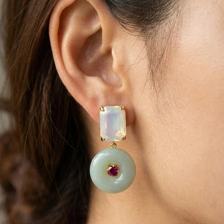 Silver Vintage Jade Donut Moonstone Drop Earrings