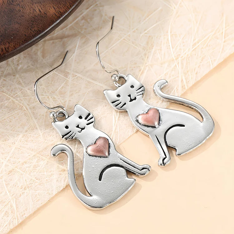 Vintage Cute Cat with Heart Earrings