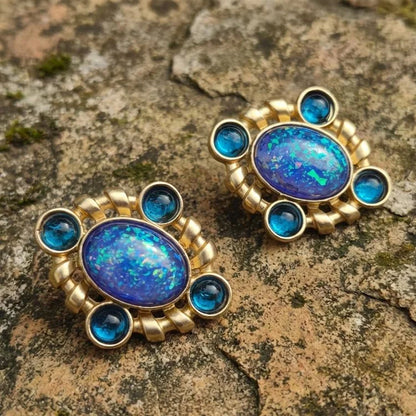 Silver Vintage Opal and Blue Glass Cluster Earrings