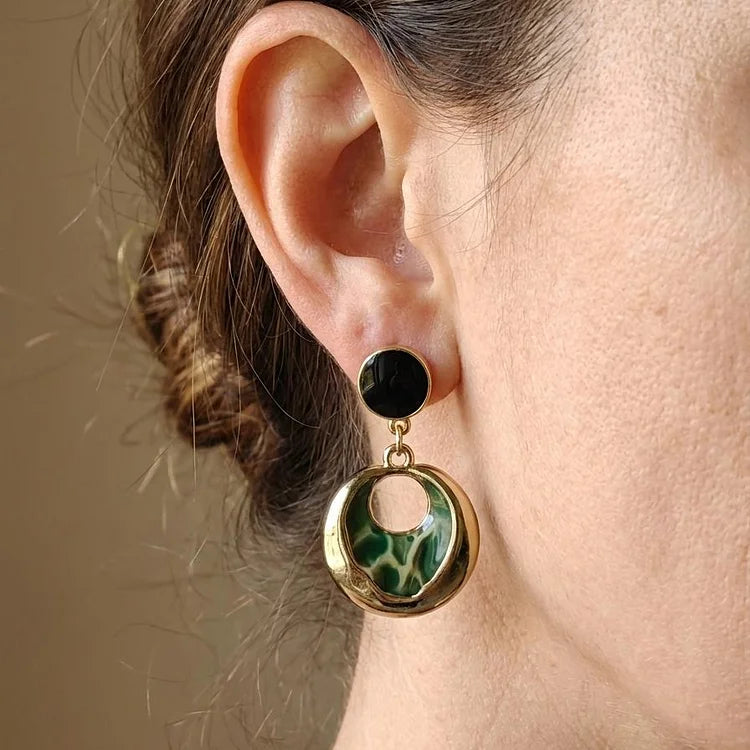 Silver Vintage Black & Green Enamel Drop Earrings
