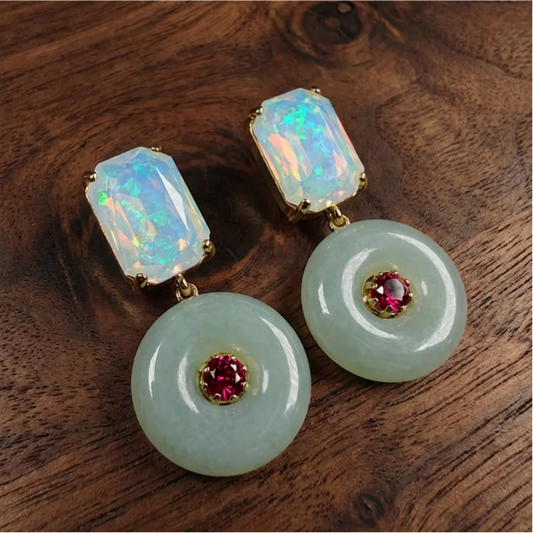 Silver Vintage Jade Donut Moonstone Drop Earrings