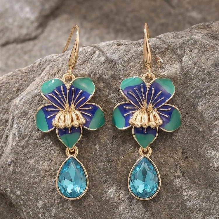 Vintage Enamel Pansy Flower Drop Earrings