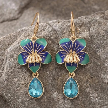 Vintage Enamel Pansy Flower Drop Earrings