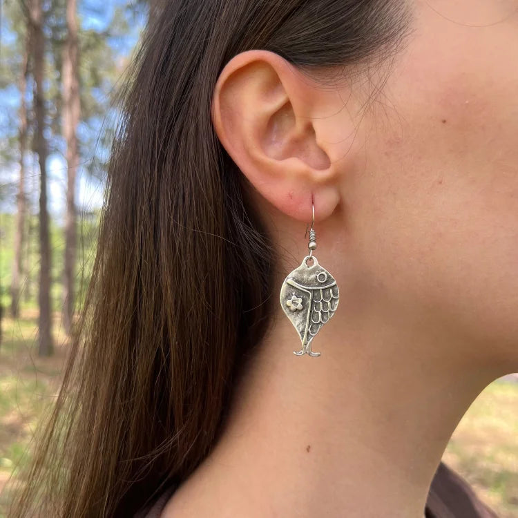 Vintage Boho Silver Fish with Flower Earrings