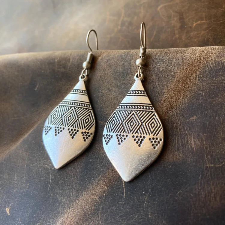 Vintage Bohemian Teardrop Engraved Pattern Silver Earrings