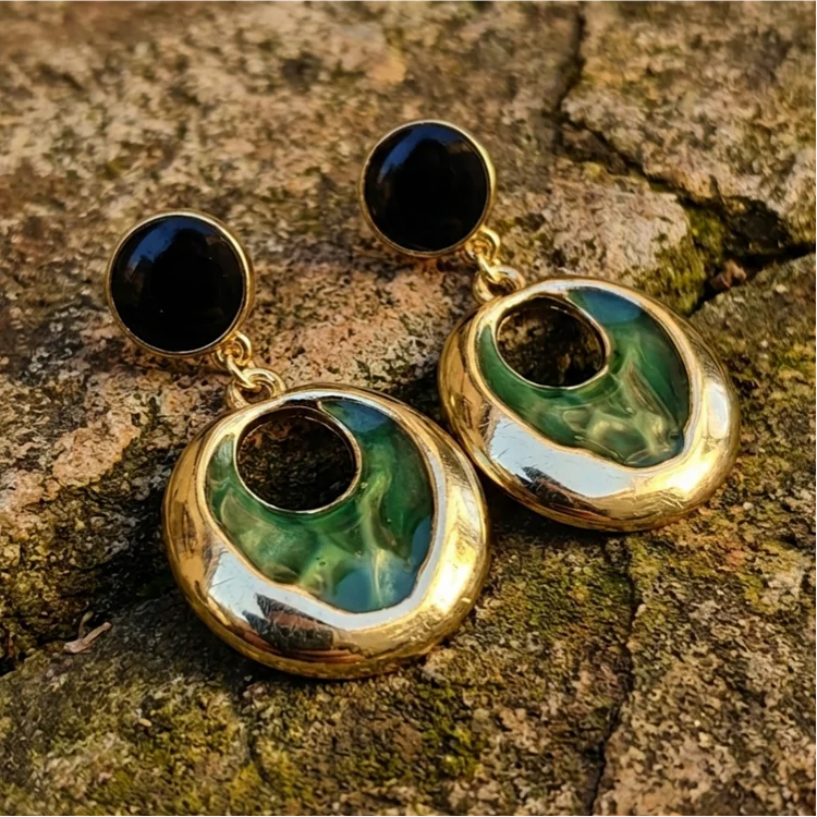Silver Vintage Black & Green Enamel Drop Earrings