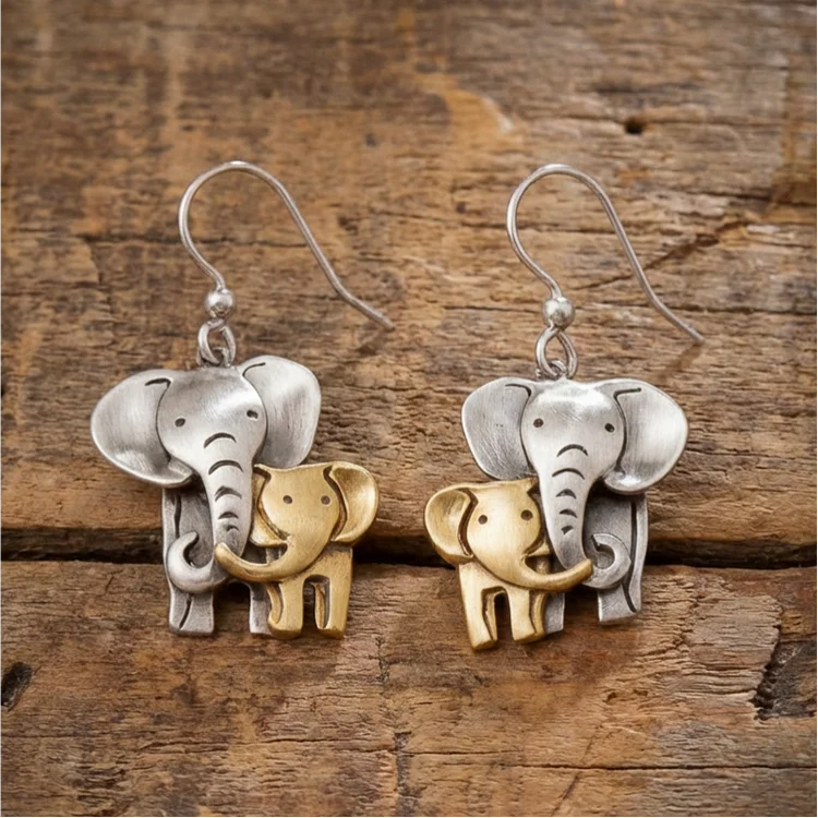 Vintage Elephant Mom And Baby Elephant Animal Earrings