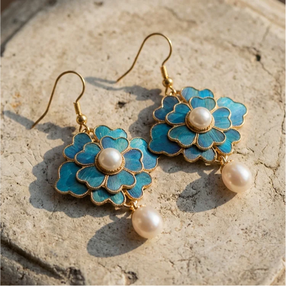 Vintage Blue Lotus Pearl Dangling Earrings
