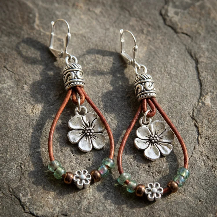 Bohemian Leather Cord Flower Earrings