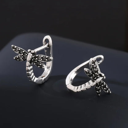 Vintage Round Inlaid Zirconia Dragonfly Earrings