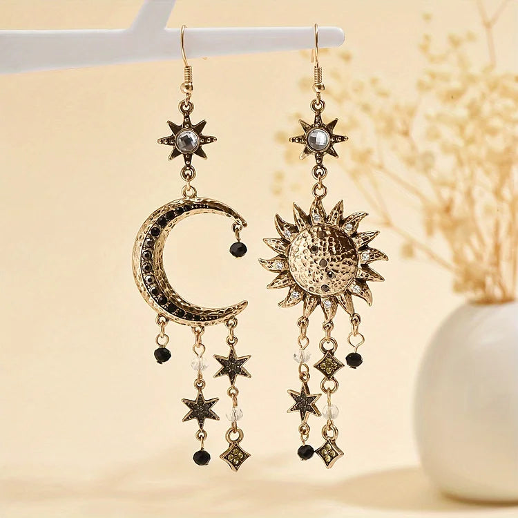 Vintage Sun Moon Design Rhinestone Inlaid Asymmetric Dangle Earrings