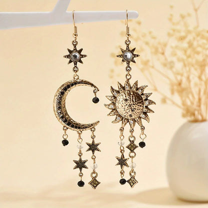 Vintage Sun Moon Design Rhinestone Inlaid Asymmetric Dangle Earrings