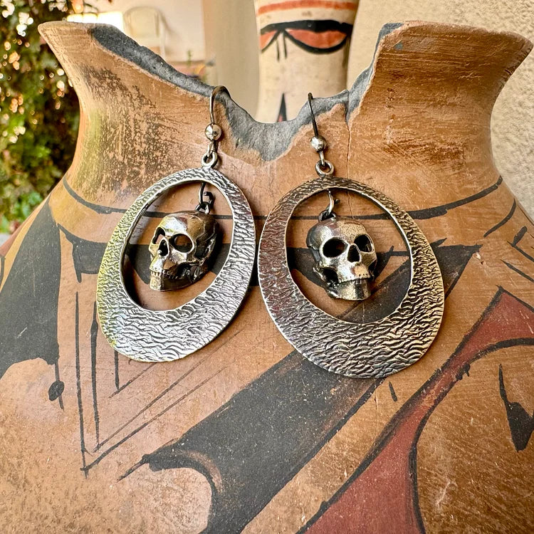 Vintage Silver Calavera Skeleton Hoop Earrings