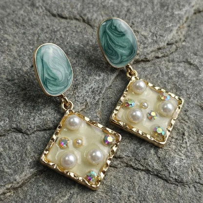 Vintage Marquise Marble & Pearl Drop Earrings